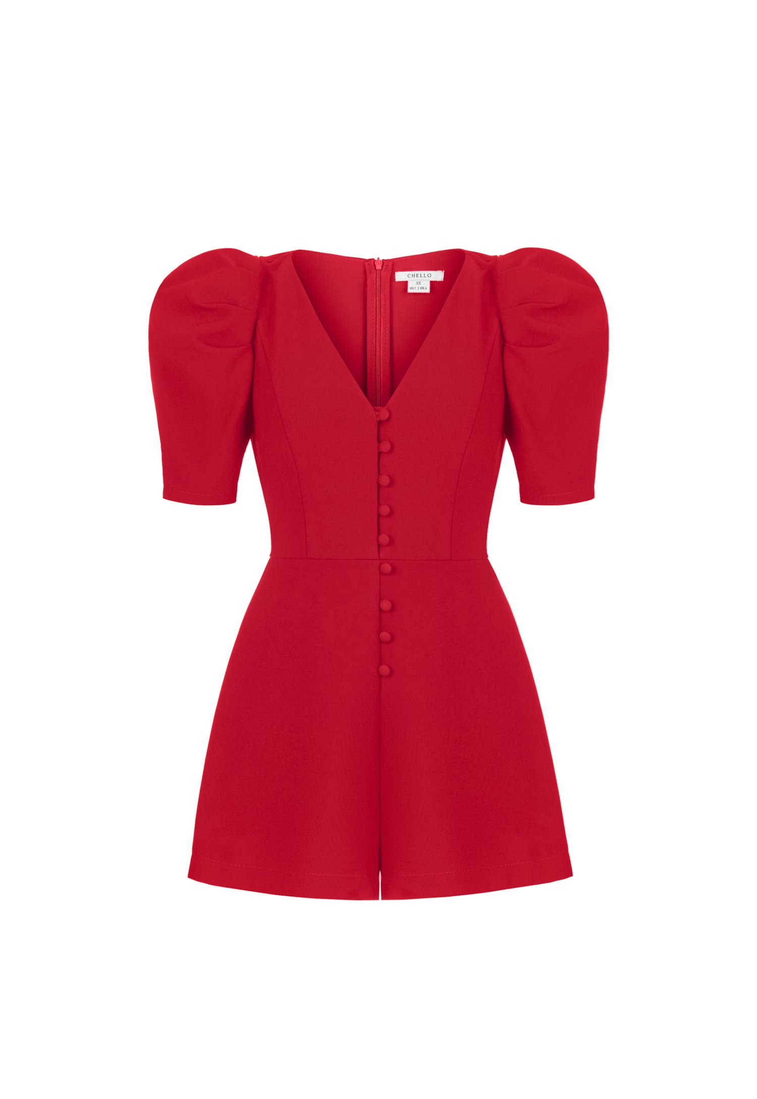 Zelda V-neckline Puff Sleeves Romper in True Red