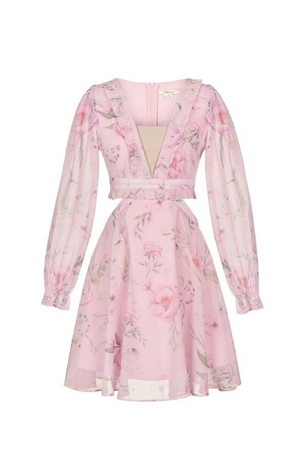 Aiko Cut-Out Floral Mini Dress in Blush Rose Painted Florals