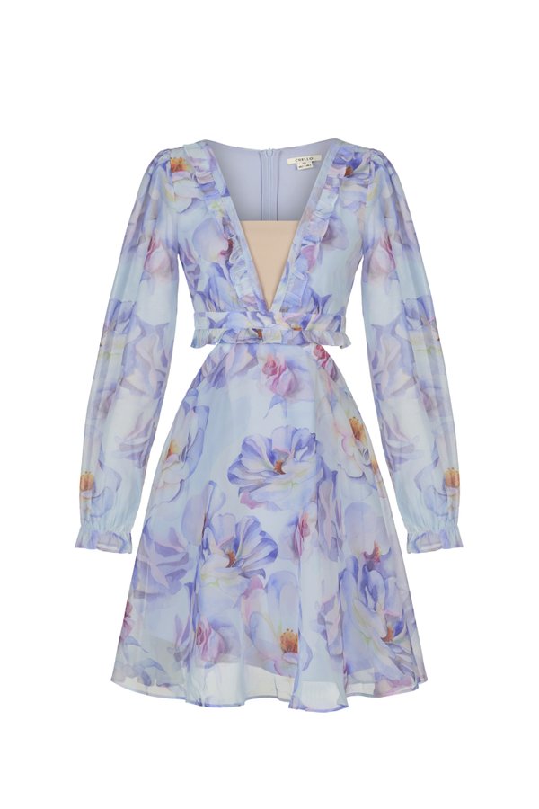 Aiko Cut-Out Floral Mini Dress in Light Blue Painted Florals