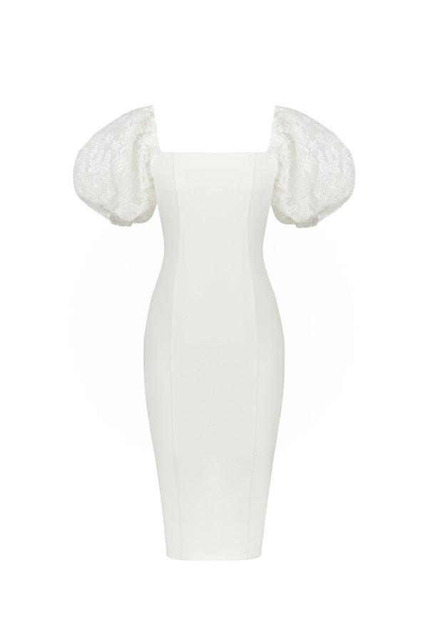 Arrietty Lace Puff Sleeves Ponte Pencil Dress in Iconic White