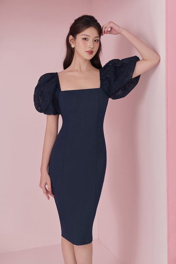 Arrietty Lace Puff Sleeves Ponte Pencil Dress in Navy Blue