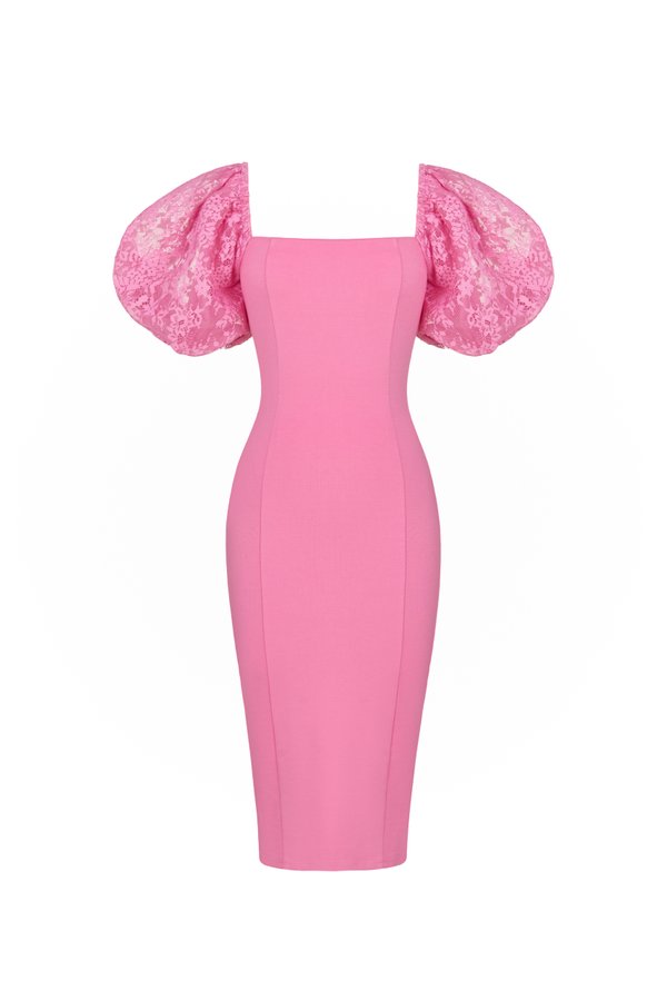 Arrietty Lace Puff Sleeves Ponte Pencil Dress in Taffy Pink