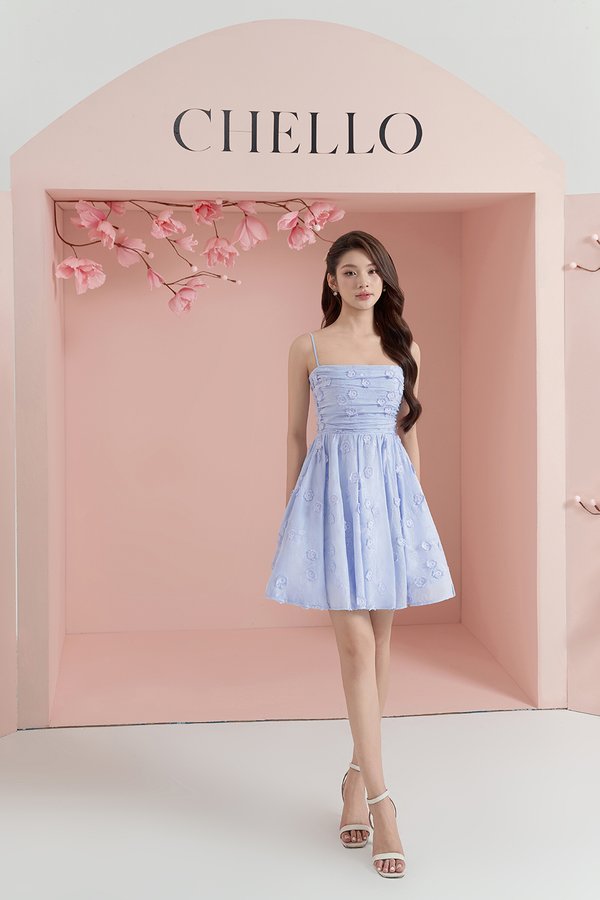 Blossom Ruched Flare Mini Dress in Baby Blue