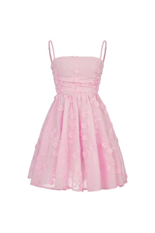 Blossom Ruched Flare Mini Dress in Powder Pink