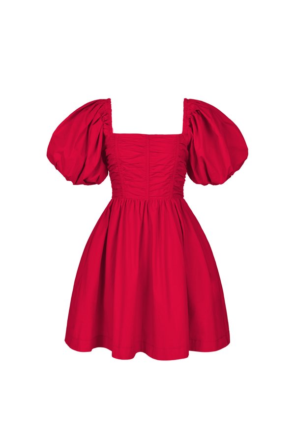 Daphne Ruched Puff Mini Dress in Red