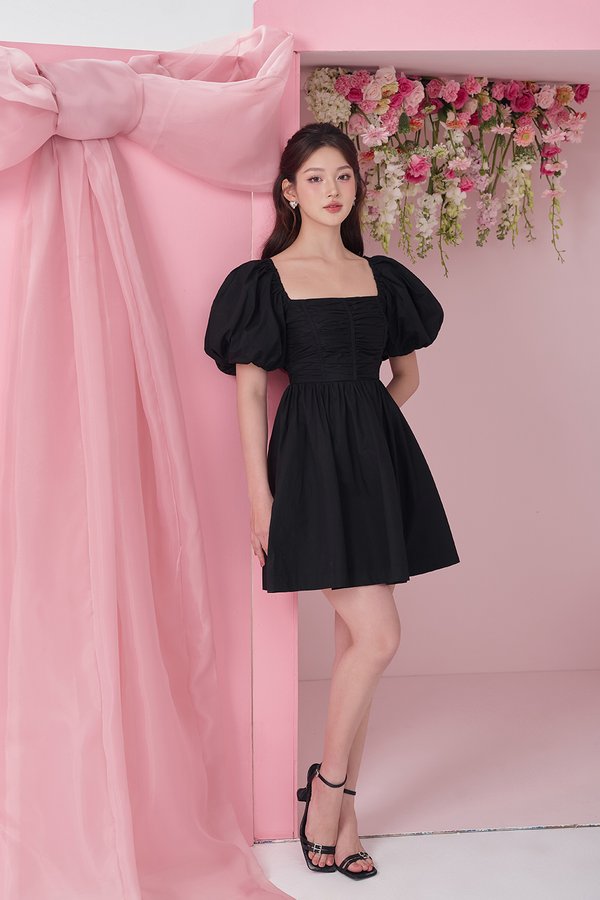 Daphne Ruched Puff Mini Dress in Classic Black