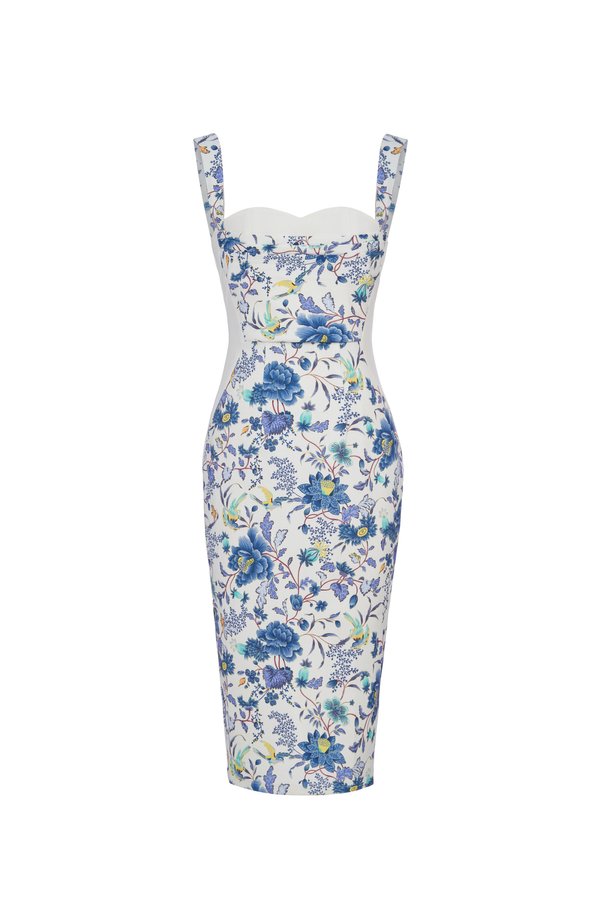 Evony Oriental Printed Pencil Dress in Iconic White/Blue Oriental Print