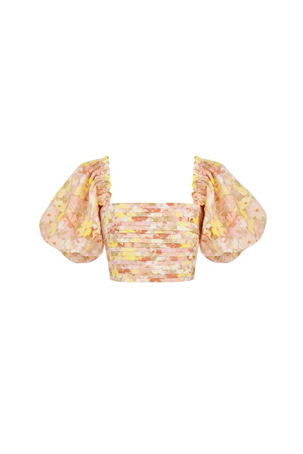 Harlyn Pleated Floral Prints Puff Sleeves Top in Yellow/Pink Floral Prints