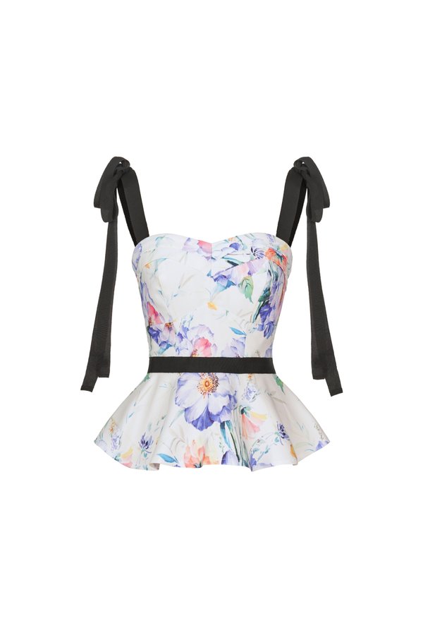 Kaelynn Peplum Top with Ribbon Straps in Blue Floral Painting