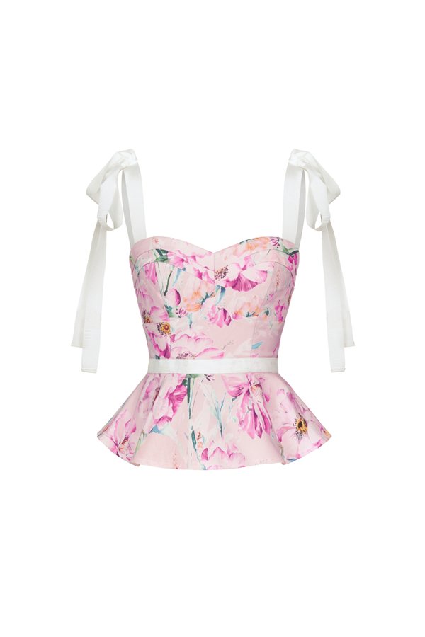 Kaelynn Peplum Top with Ribbon Straps in Pink Floral Painting