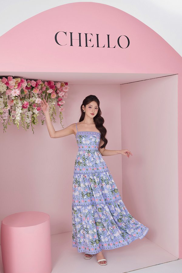 Kaia Tiered Printed Maxi Dress in Cornflower Blue Floral