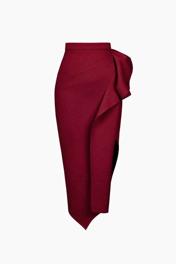 Leona Asymmetric Origami Midi Skirt in Wine Red