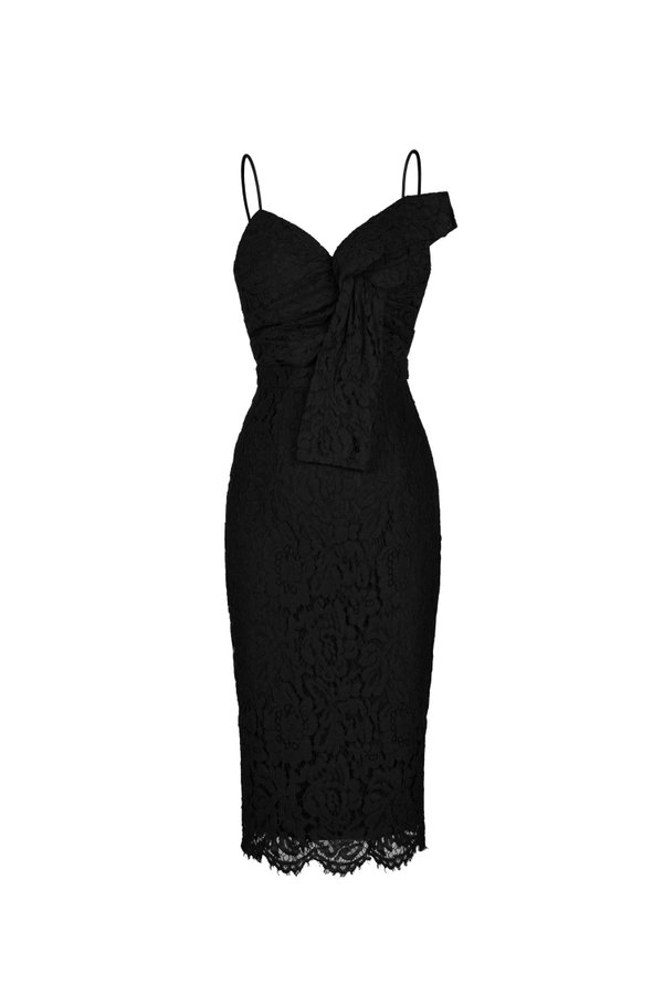 Lovella Twisted Bow Lace Pencil Dress in Classic Black