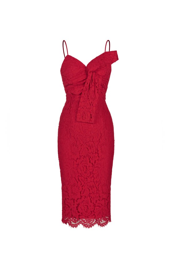 Lovella Twisted Bow Lace Pencil Dress in Crimson Red