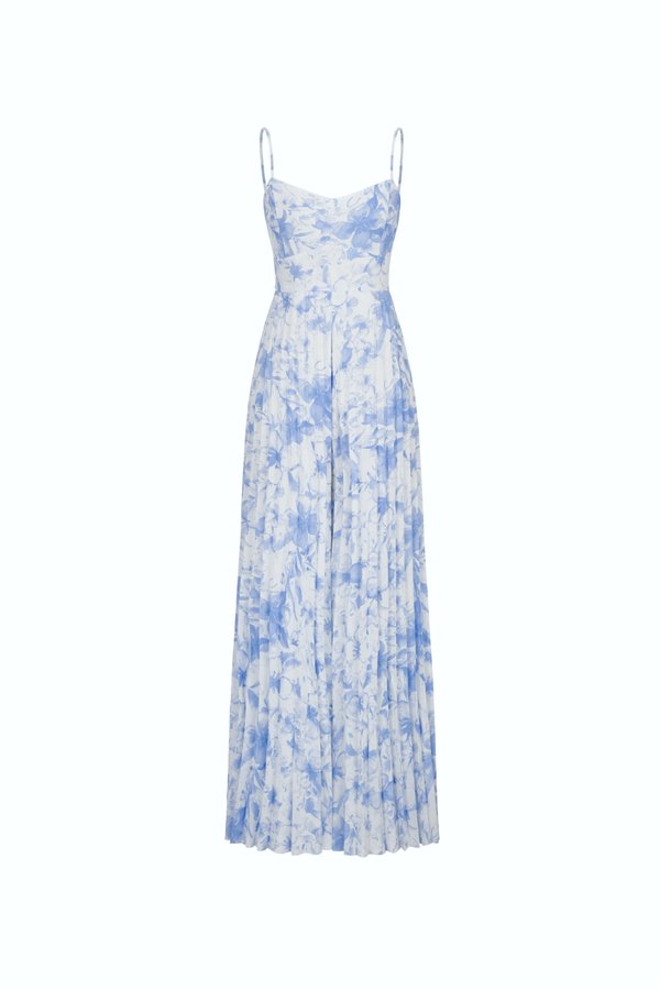 Sabine Sweetheart Pleated Jumpsuit in Azure Blue/Iconic White