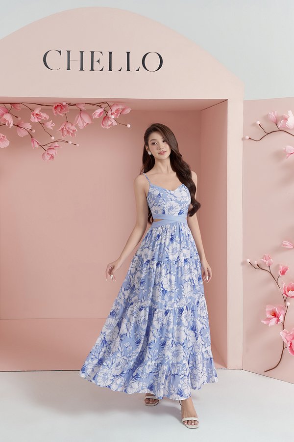 Scarlett Cut-Out Maxi Dress in Creamy Blue Blooming Garden Print