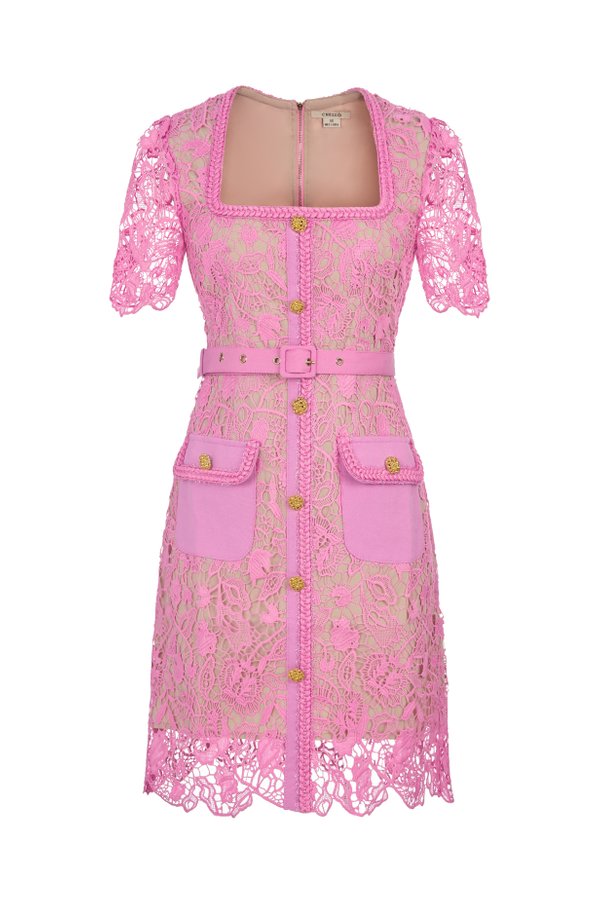 Trinity Crochet Lace Belted Mini Dress in Taffy Pink