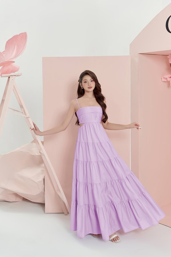 Xenia Pleated Cut-Out Maxi Dress in French Lilac