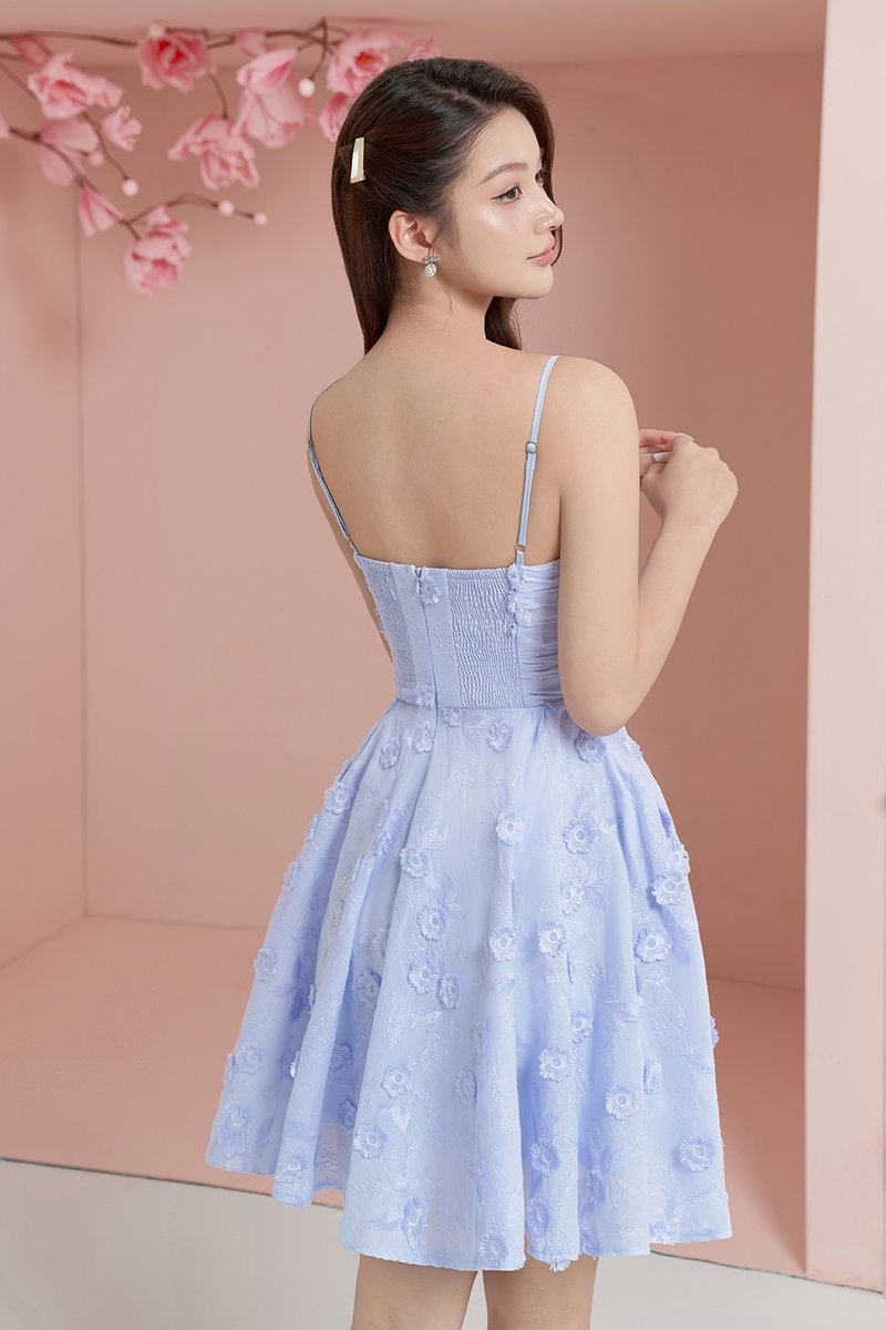 Blossom Ruched Flare Mini Dress in Baby Blue