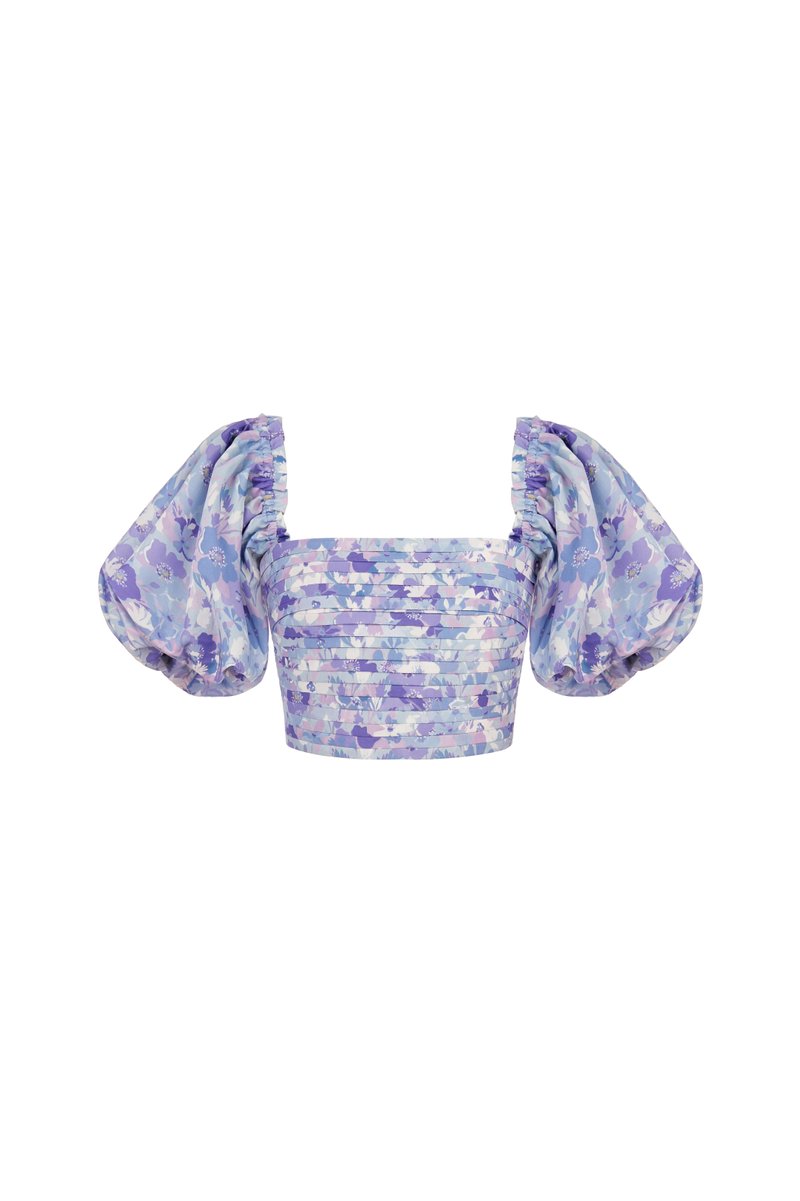Harlyn Pleated Floral Prints Puff Sleeves Top in Blue/Purple Floral ...