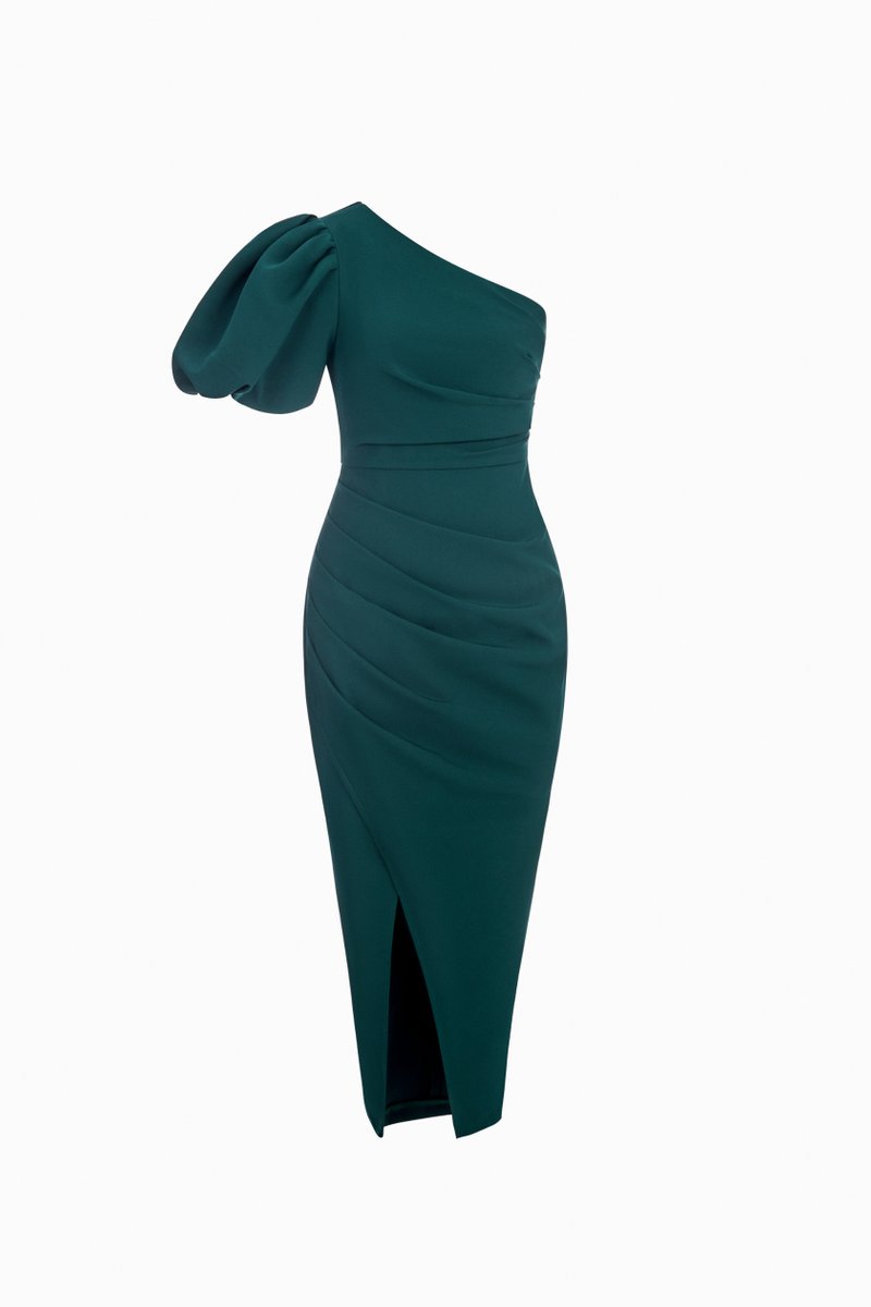 Joslyn Asymmetrical Puff Sleeves Pencil Dress in Emerald Green | Chello