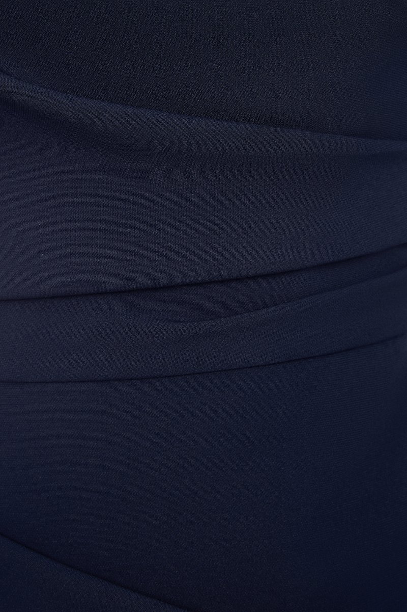 Joslyn Asymmetrical Puff Sleeves Pencil Dress in Navy Blue | Chello