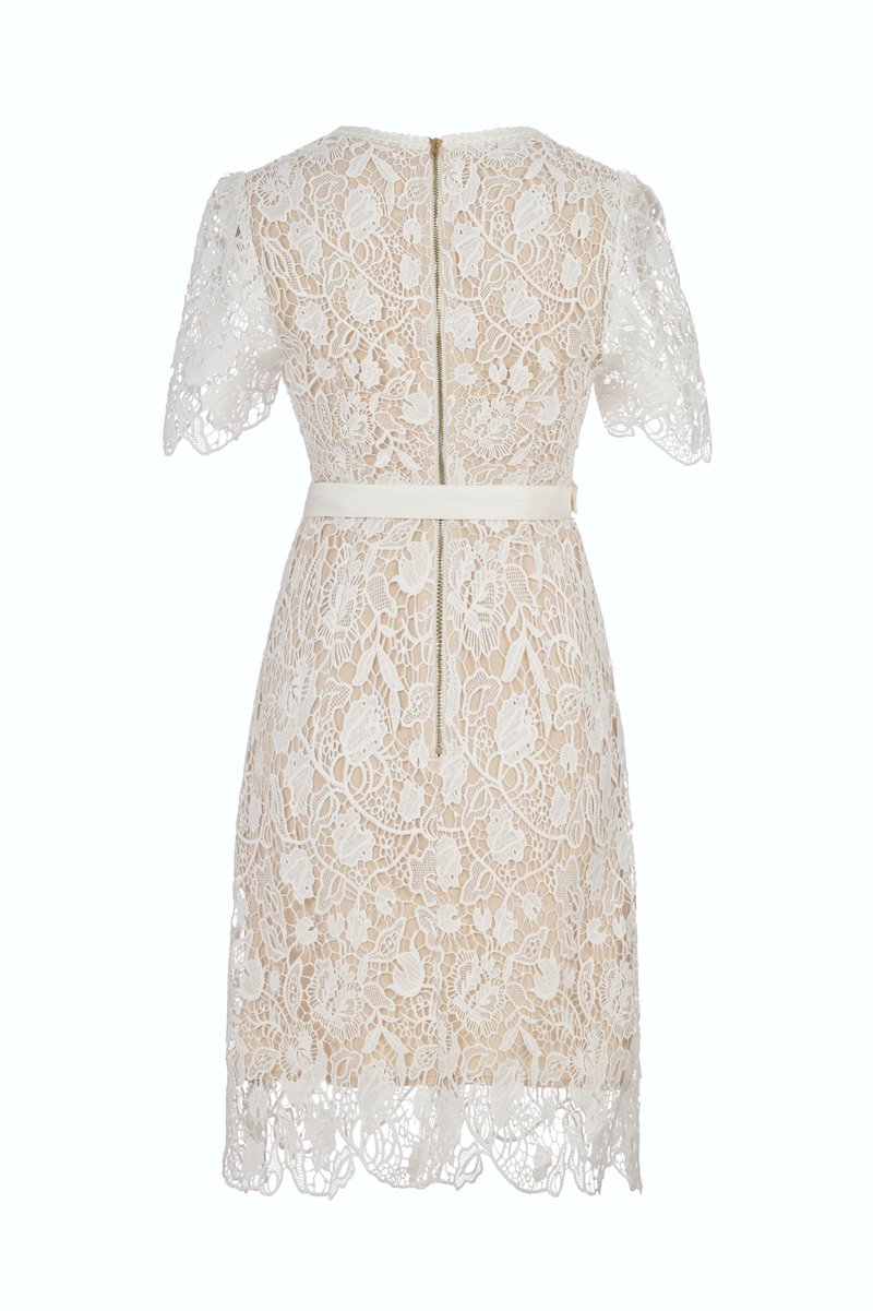 Trinity Crochet Lace Belted Mini Dress in Iconic White | Chello