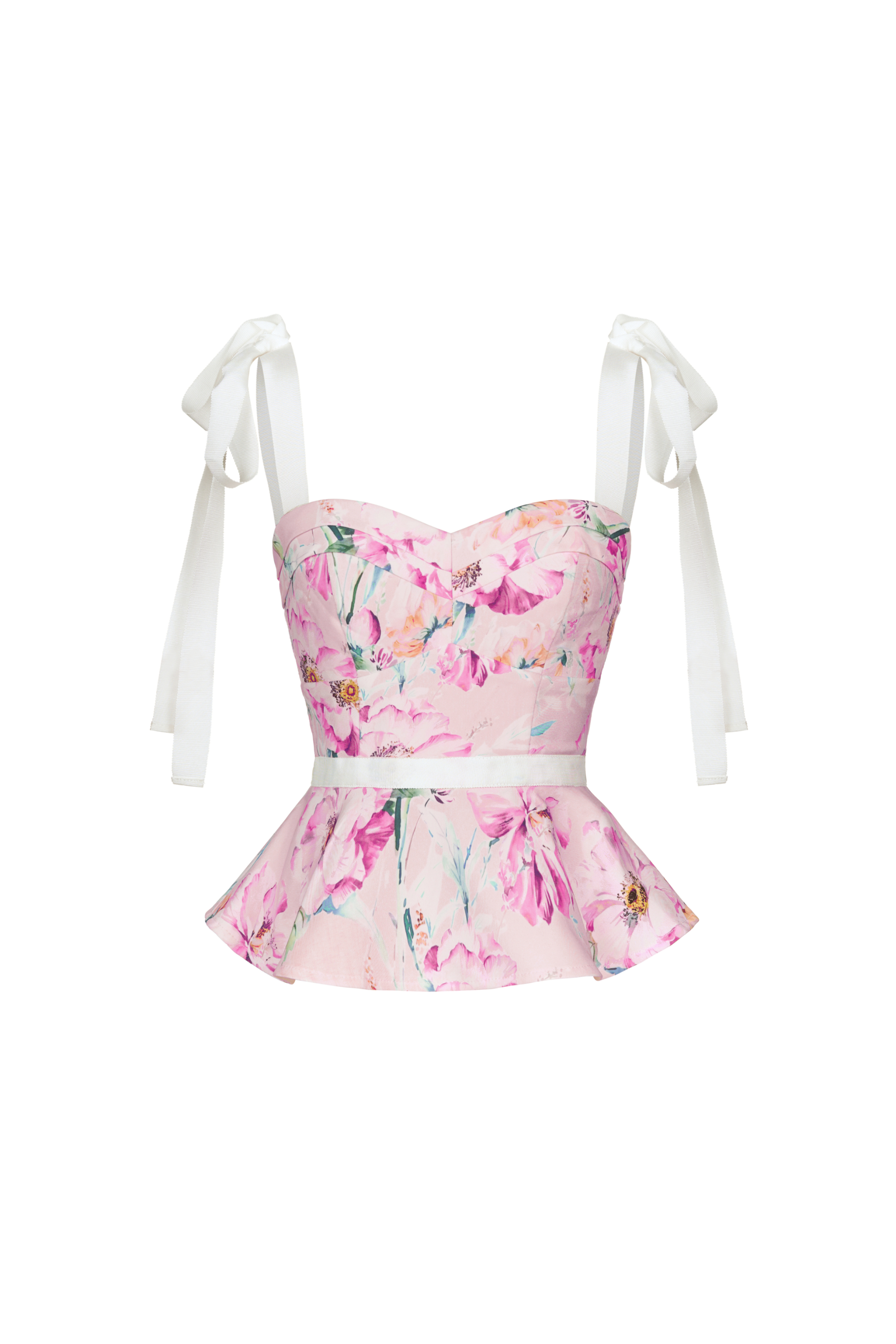 Kaelynn Peplum Top with Ribbon Straps in Pink Floral Painting | Chello