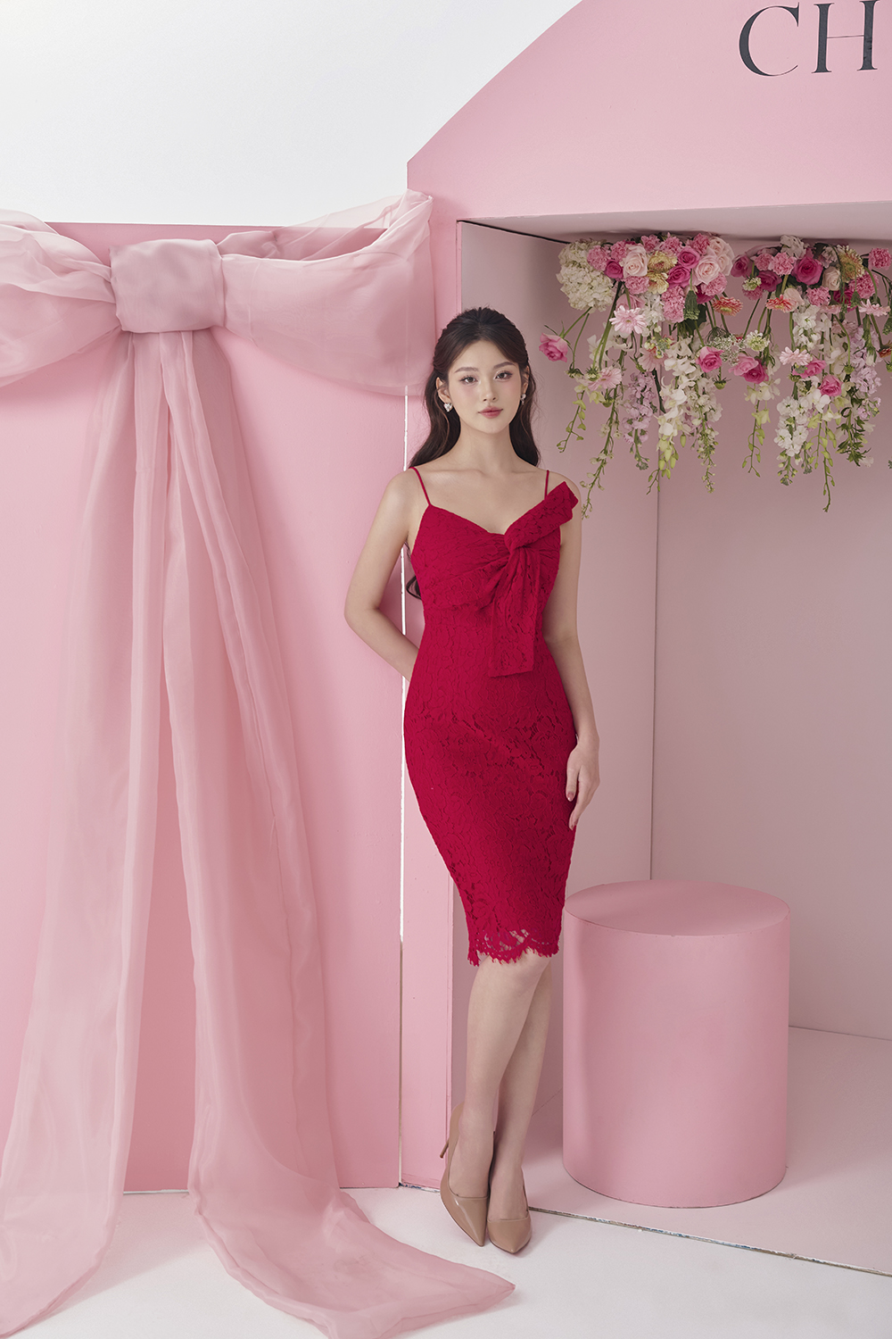 Red lace bridesmaid dresses best sale