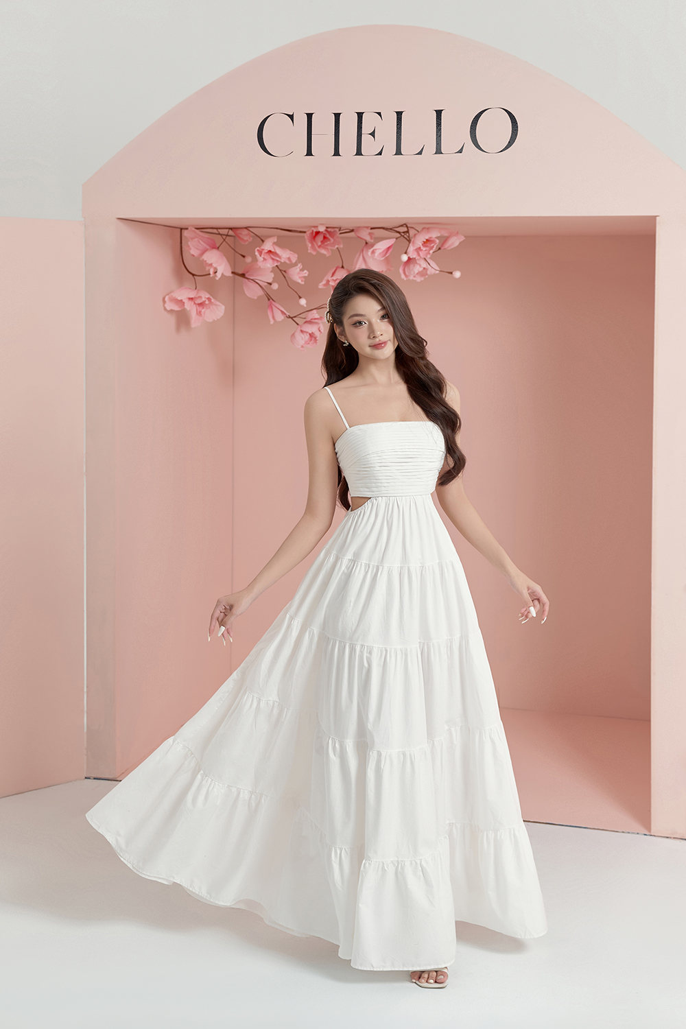 Xenia Pleated Cut Out Maxi Dress in Iconic White Chello