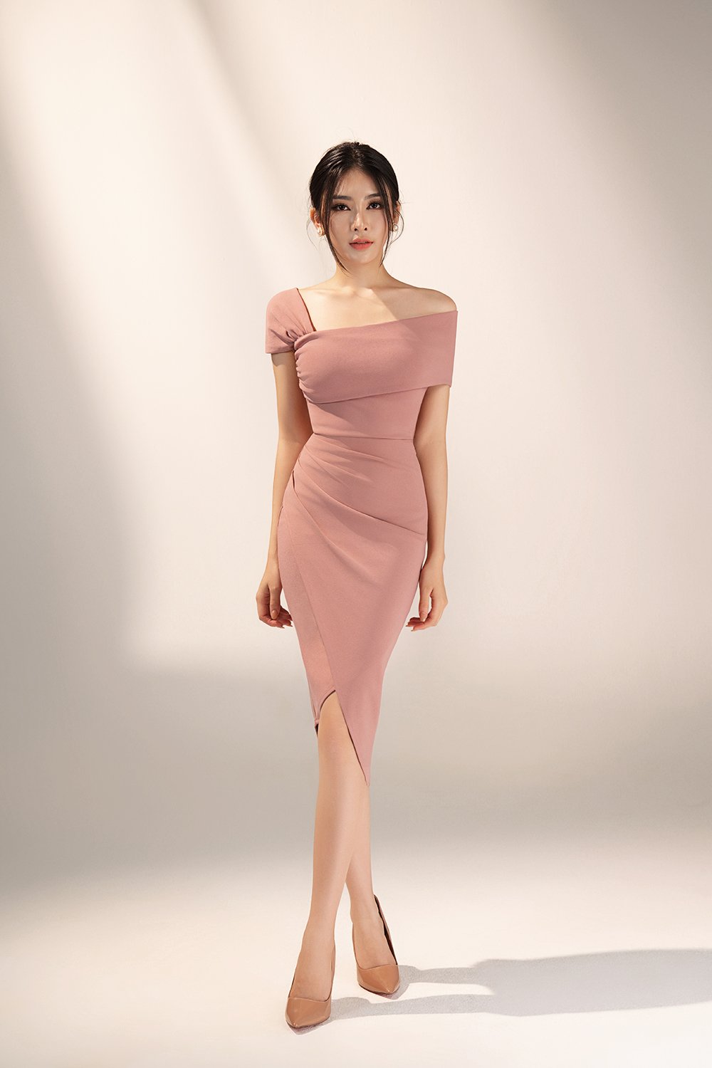 Arianna Side Ruches Wrap Pencil Skirt in Dusty Rose