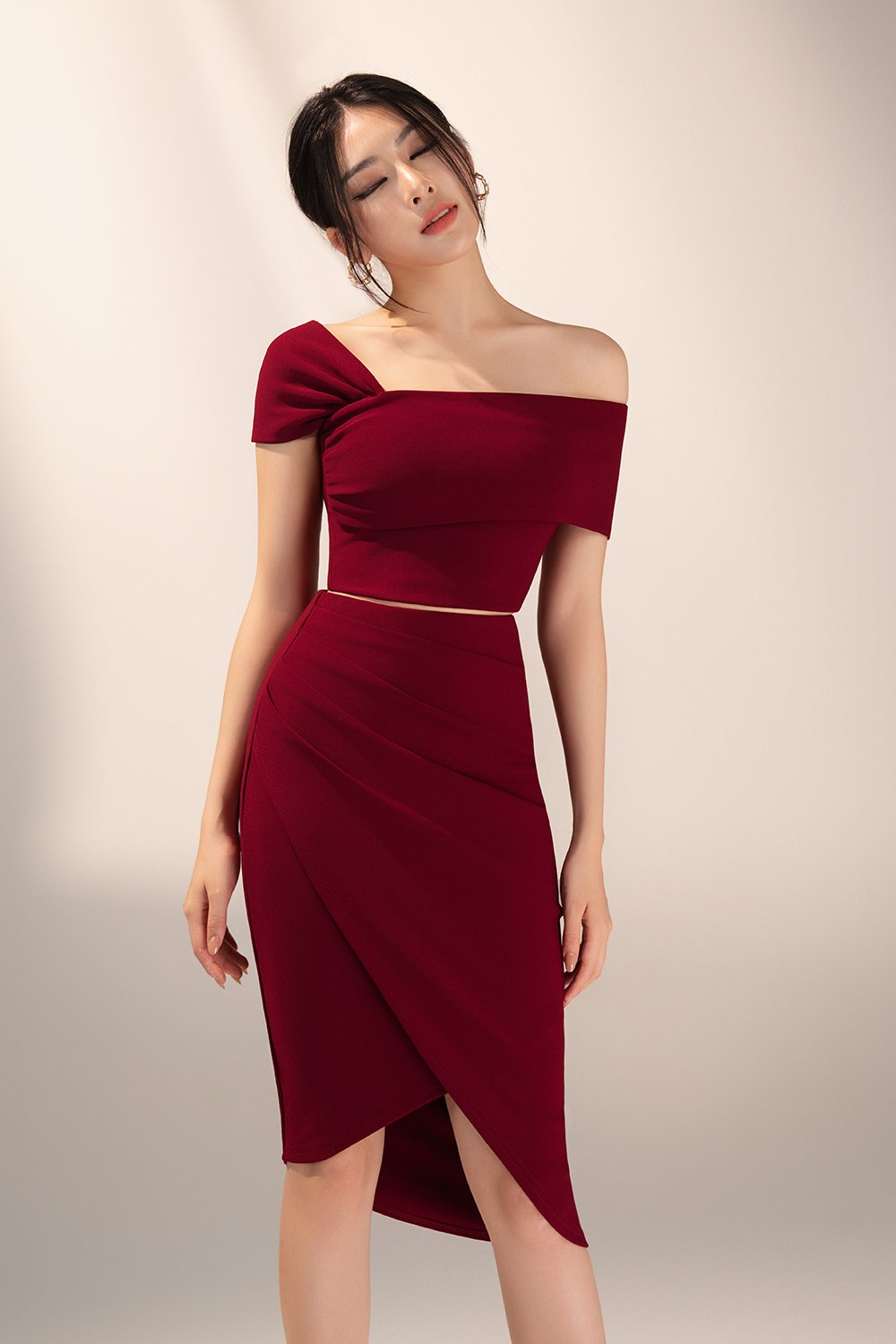 Arianna Side Ruches Wrap Pencil Skirt in Wine Red