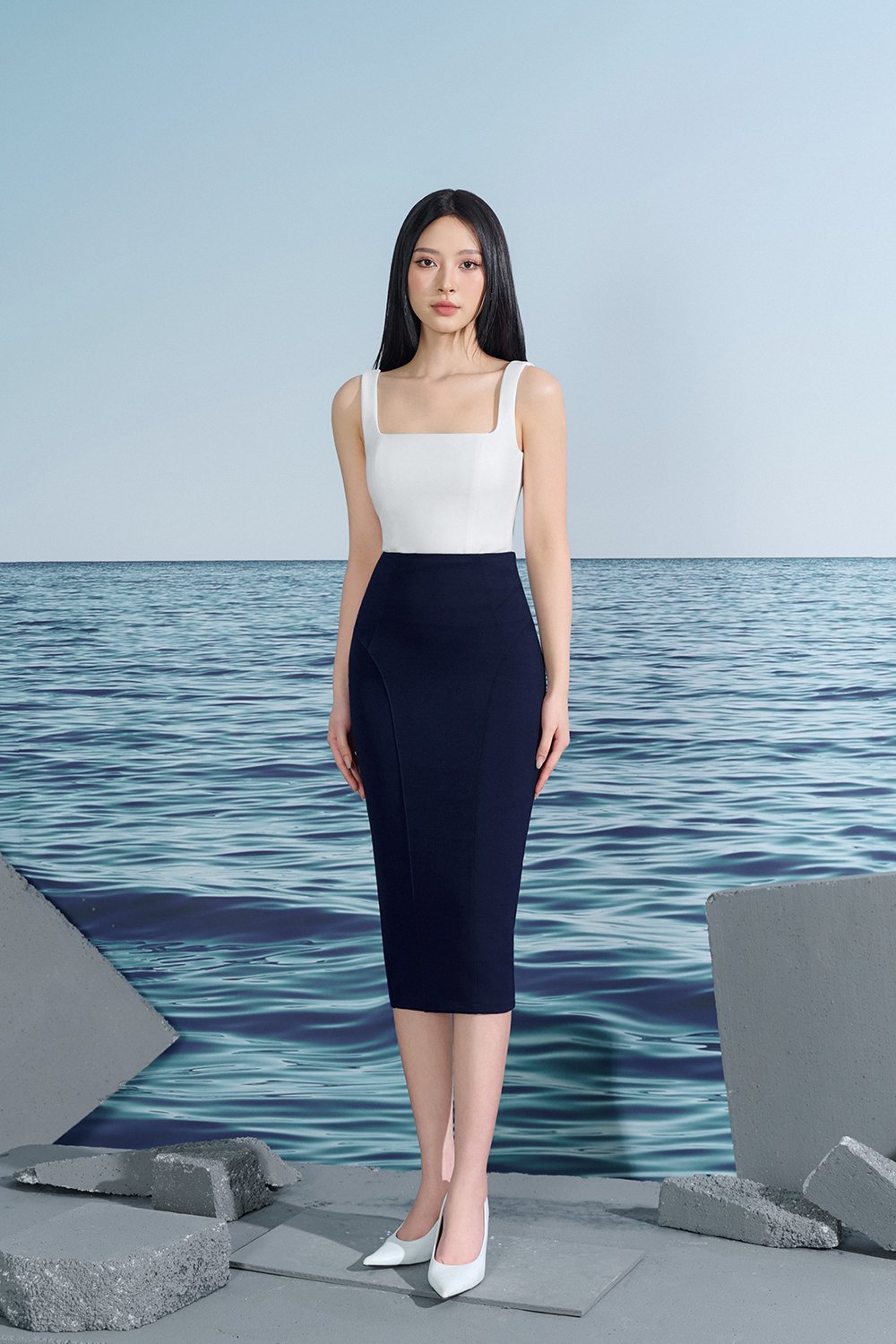 Gabriella Pencil Midi Skirt In Navy Blue