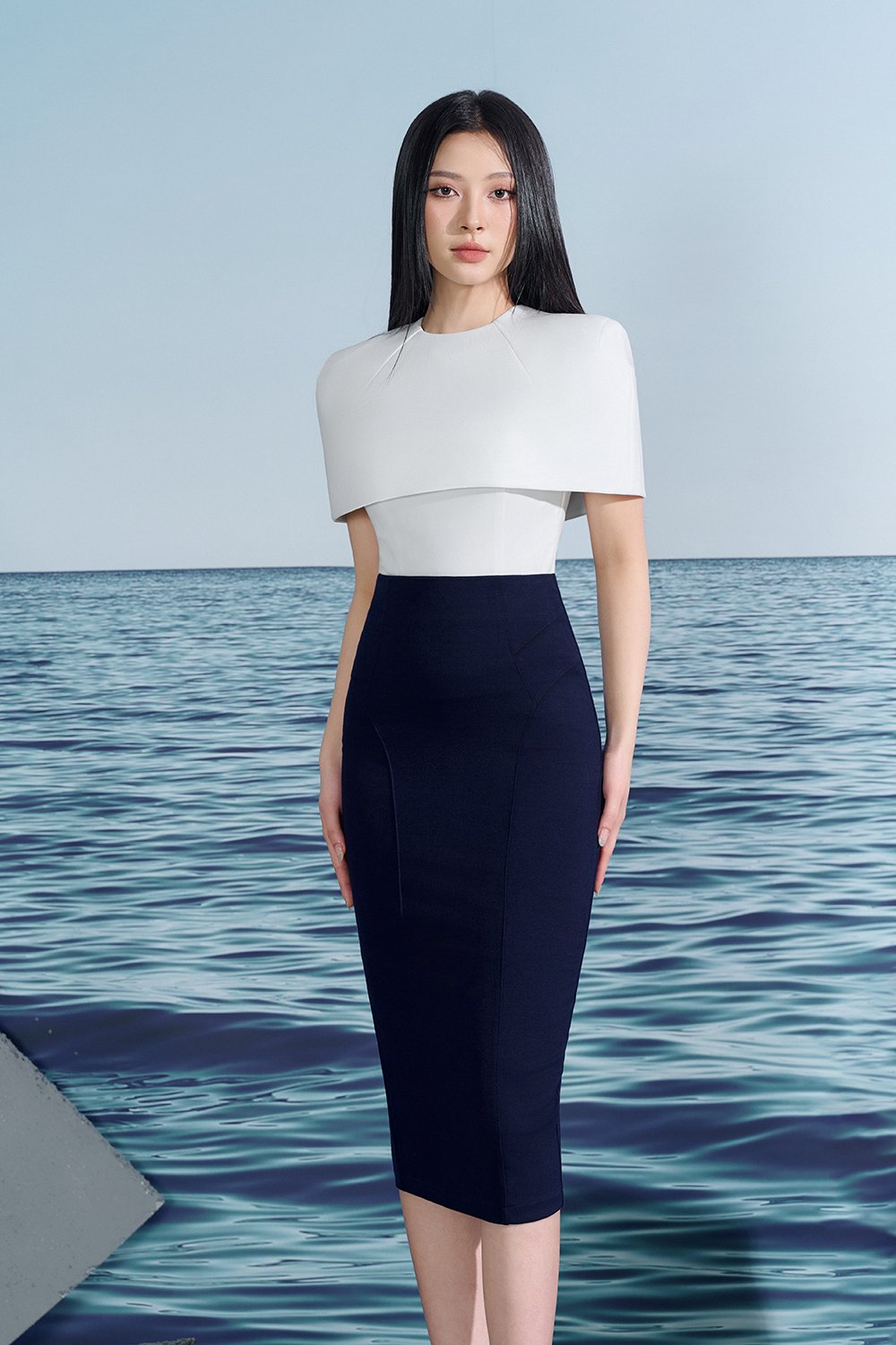 Gabriella Pencil Midi Skirt In Navy Blue