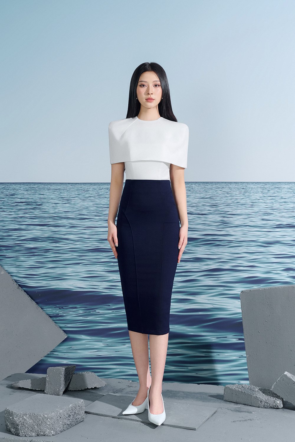 Gabriella Pencil Midi Skirt In Navy Blue