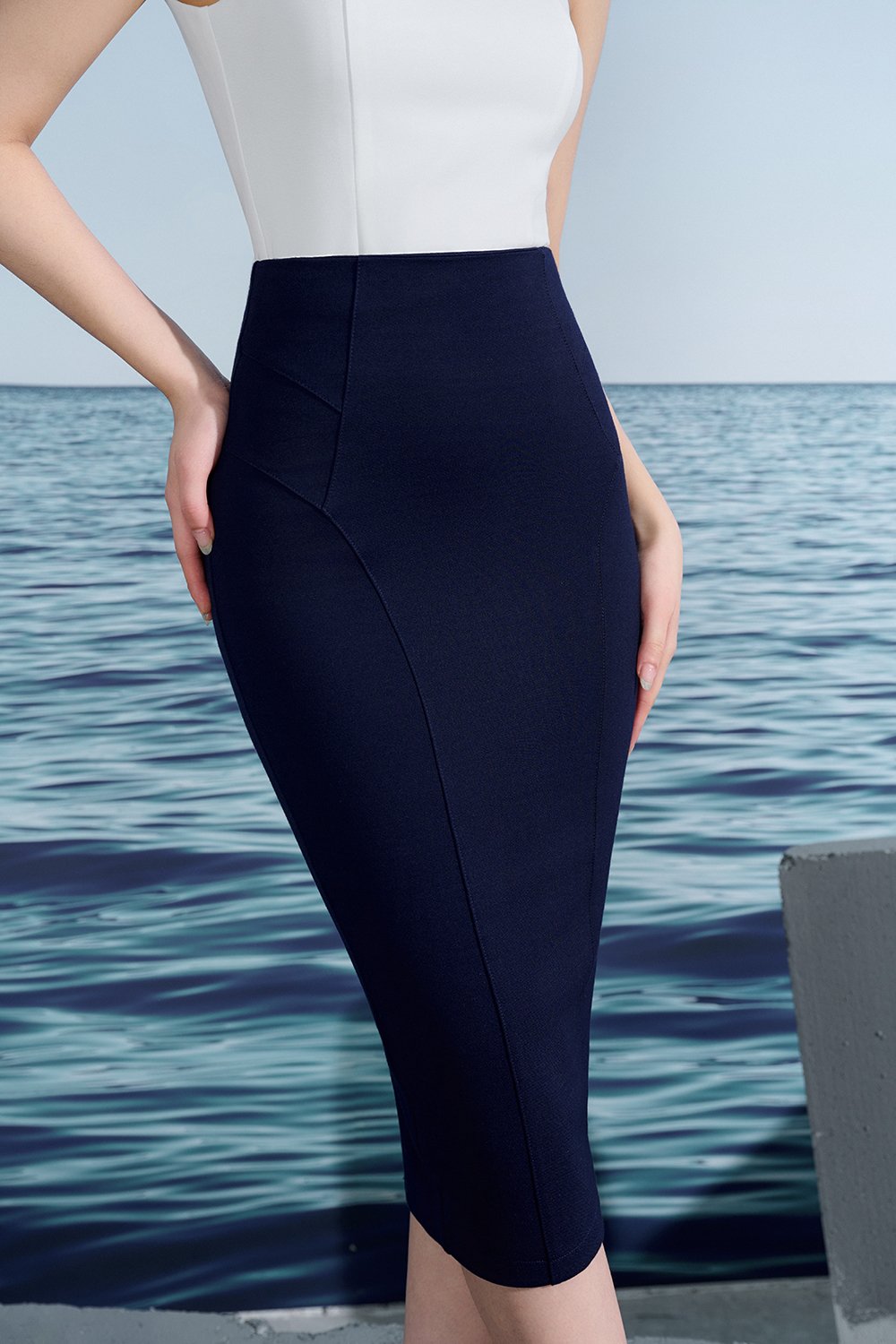 Gabriella Pencil Midi Skirt In Navy Blue