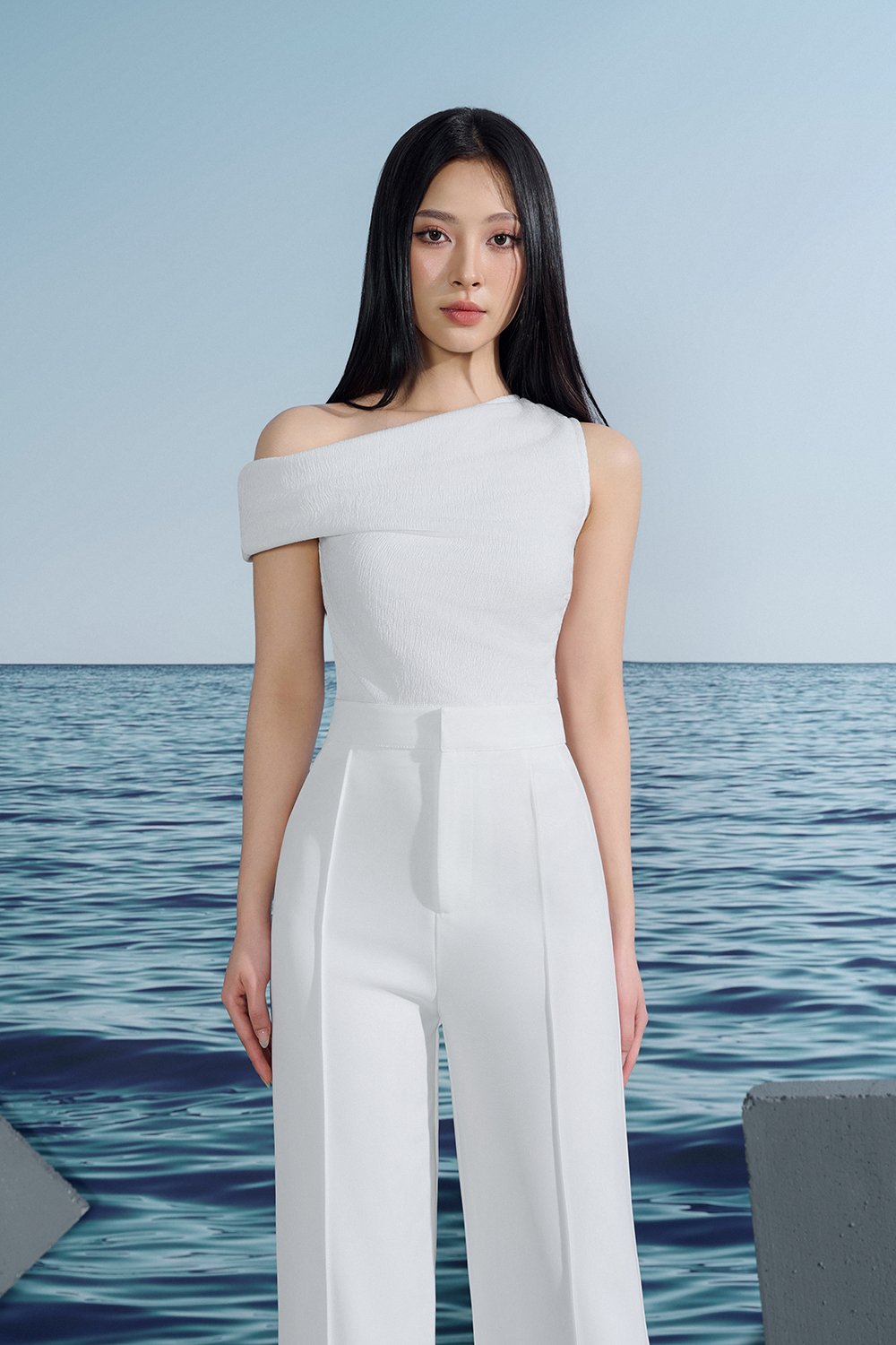 Karleen Off the Shoulder Draped Asymmetrical Top In Iconic White