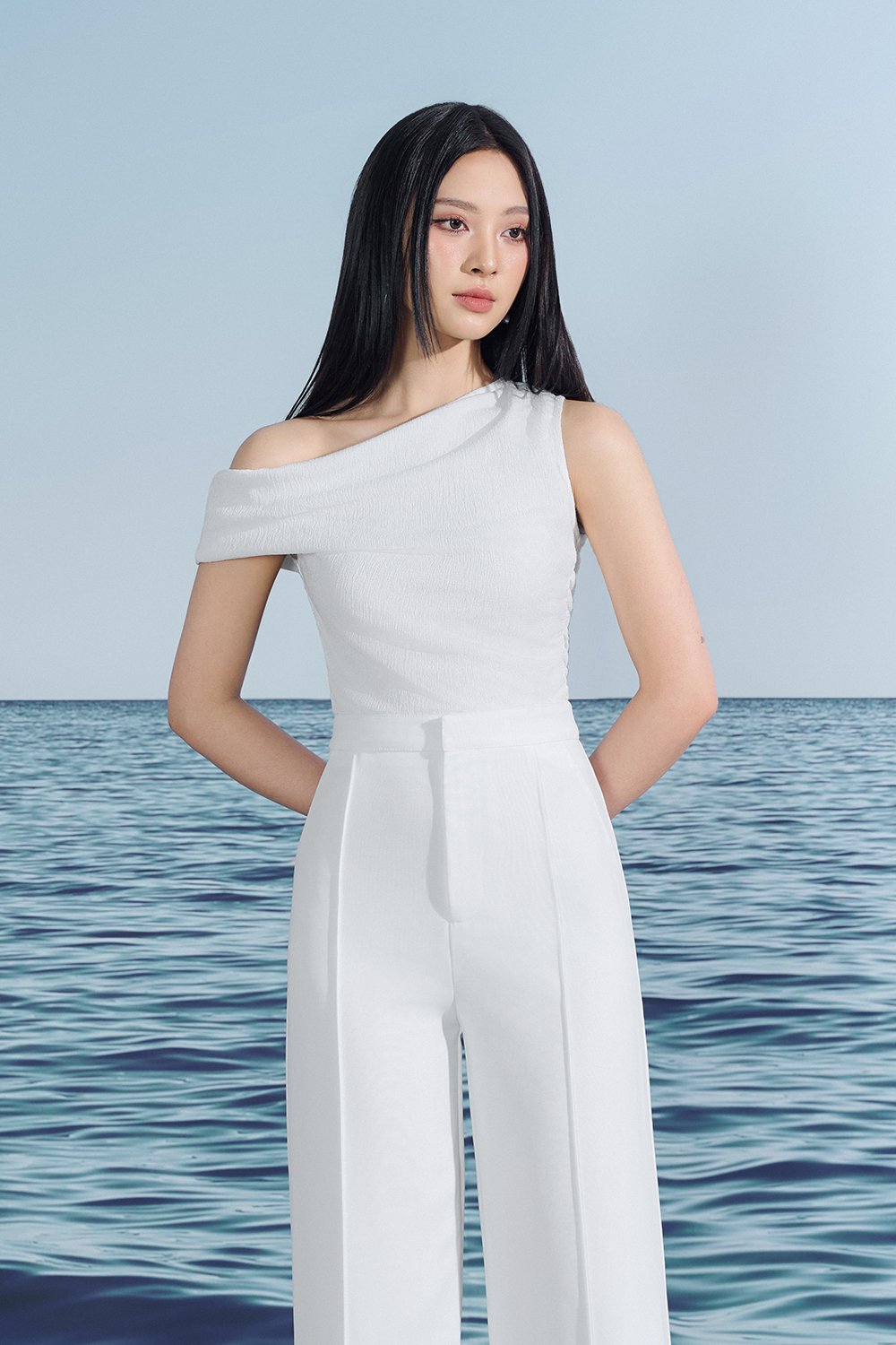 Karleen Off the Shoulder Draped Asymmetrical Top In Iconic White