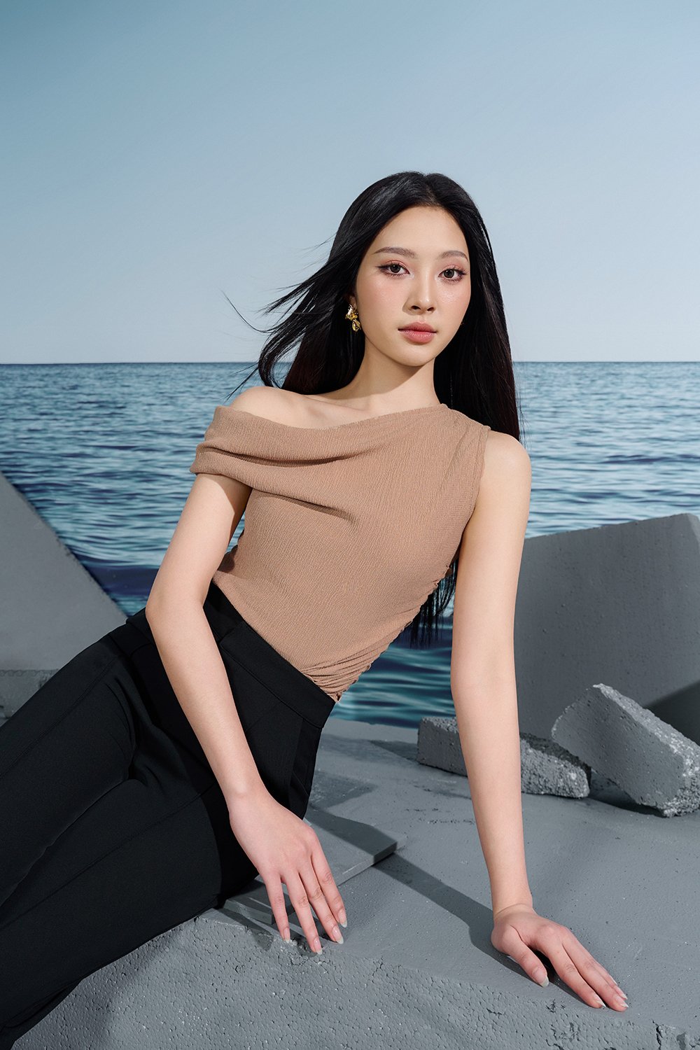 Karleen Off the Shoulder Draped Asymmetrical Top In Nude Beige