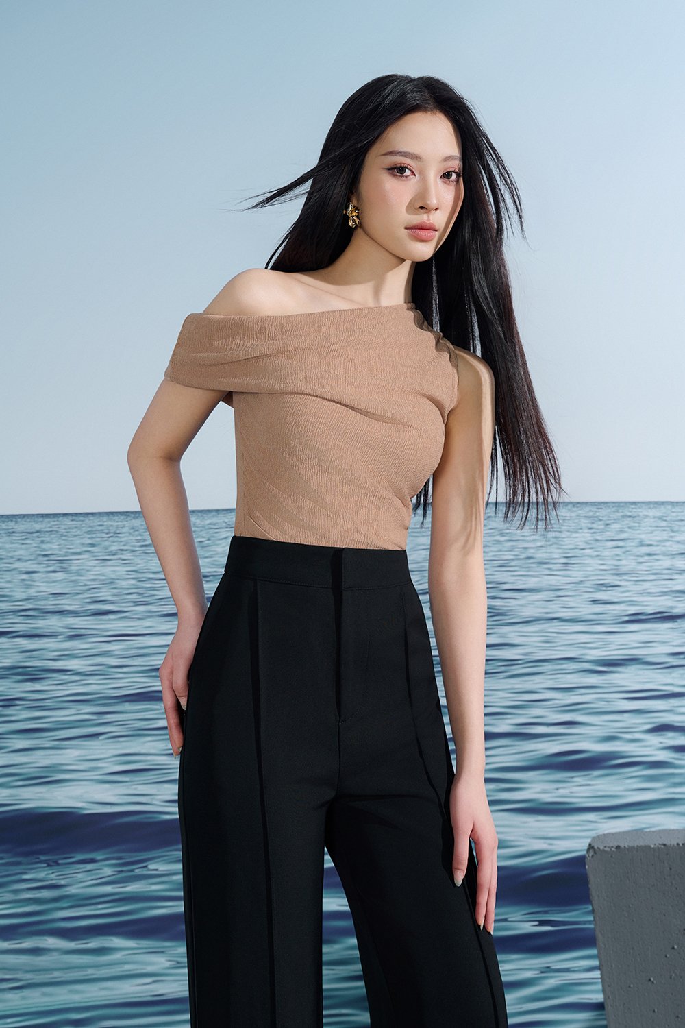 Karleen Off the Shoulder Draped Asymmetrical Top In Nude Beige