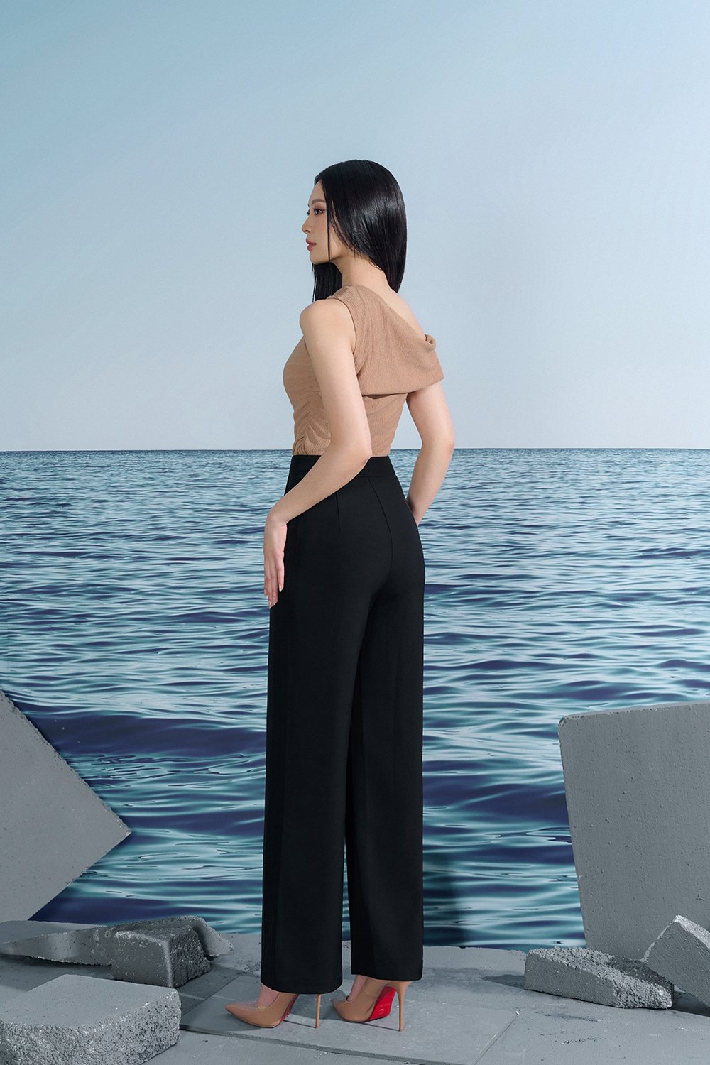 Karleen Off the Shoulder Draped Asymmetrical Top In Nude Beige