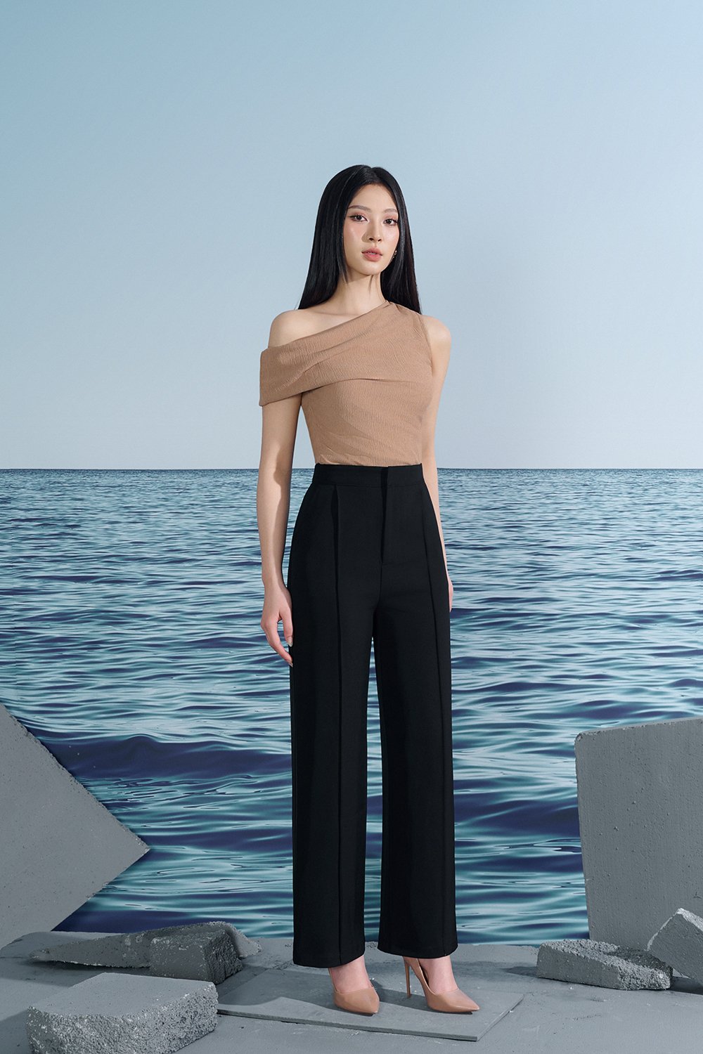 Karleen Off the Shoulder Draped Asymmetrical Top In Nude Beige