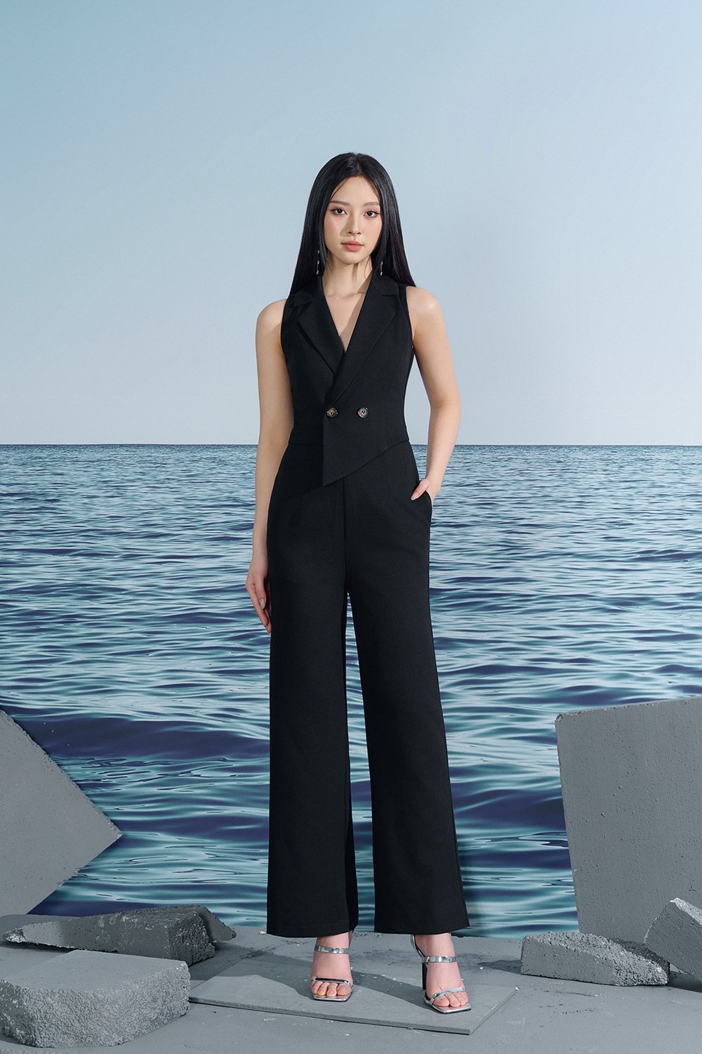 Solene Asymmetrical Tailored Jumpsuit In Classic Black