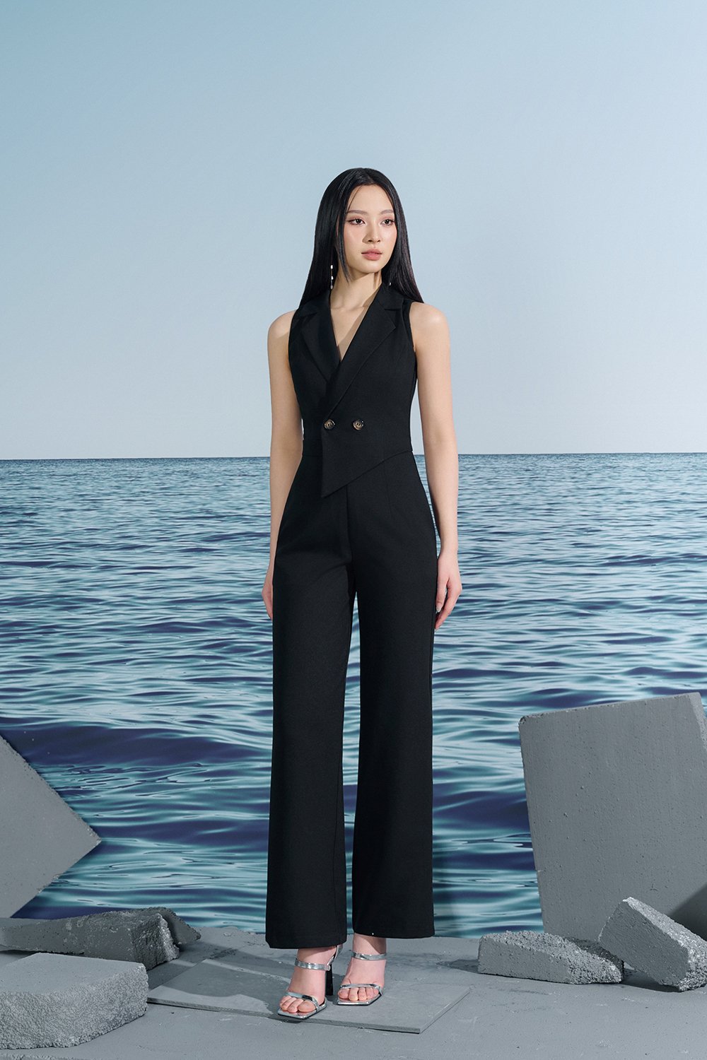 Solene Asymmetrical Tailored Jumpsuit In Classic Black