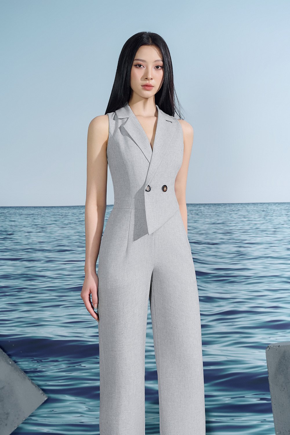 Solene Asymmetrical Tailored Jumpsuit In Light Grey/White