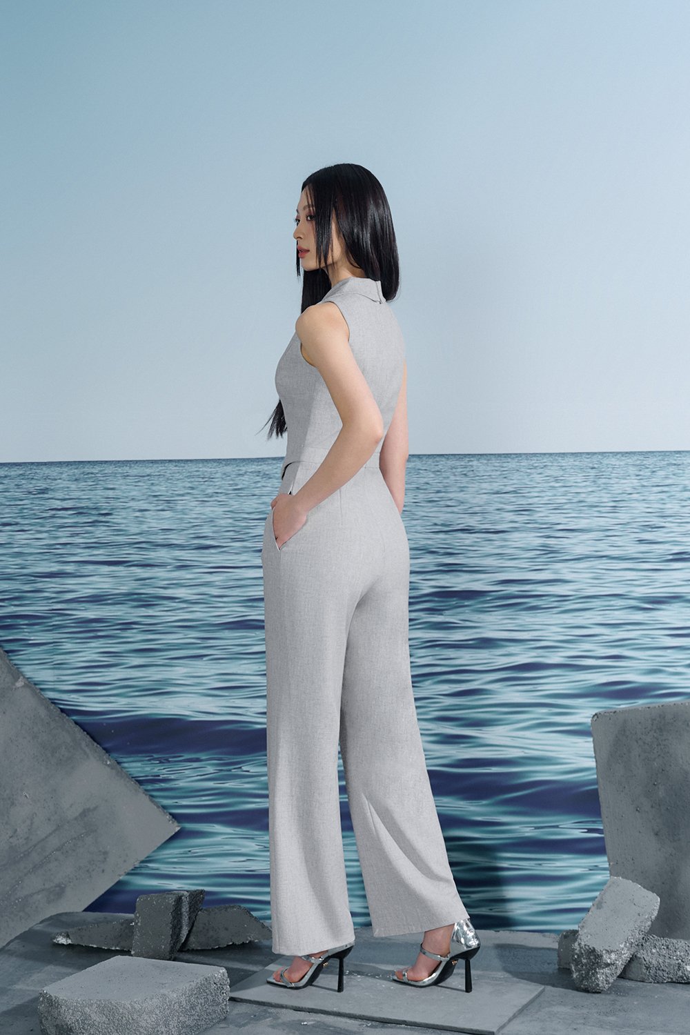 Solene Asymmetrical Tailored Jumpsuit In Light Grey/White