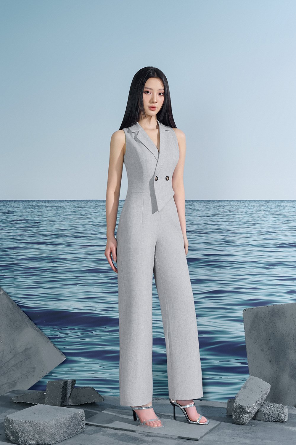 Solene Asymmetrical Tailored Jumpsuit In Light Grey/White