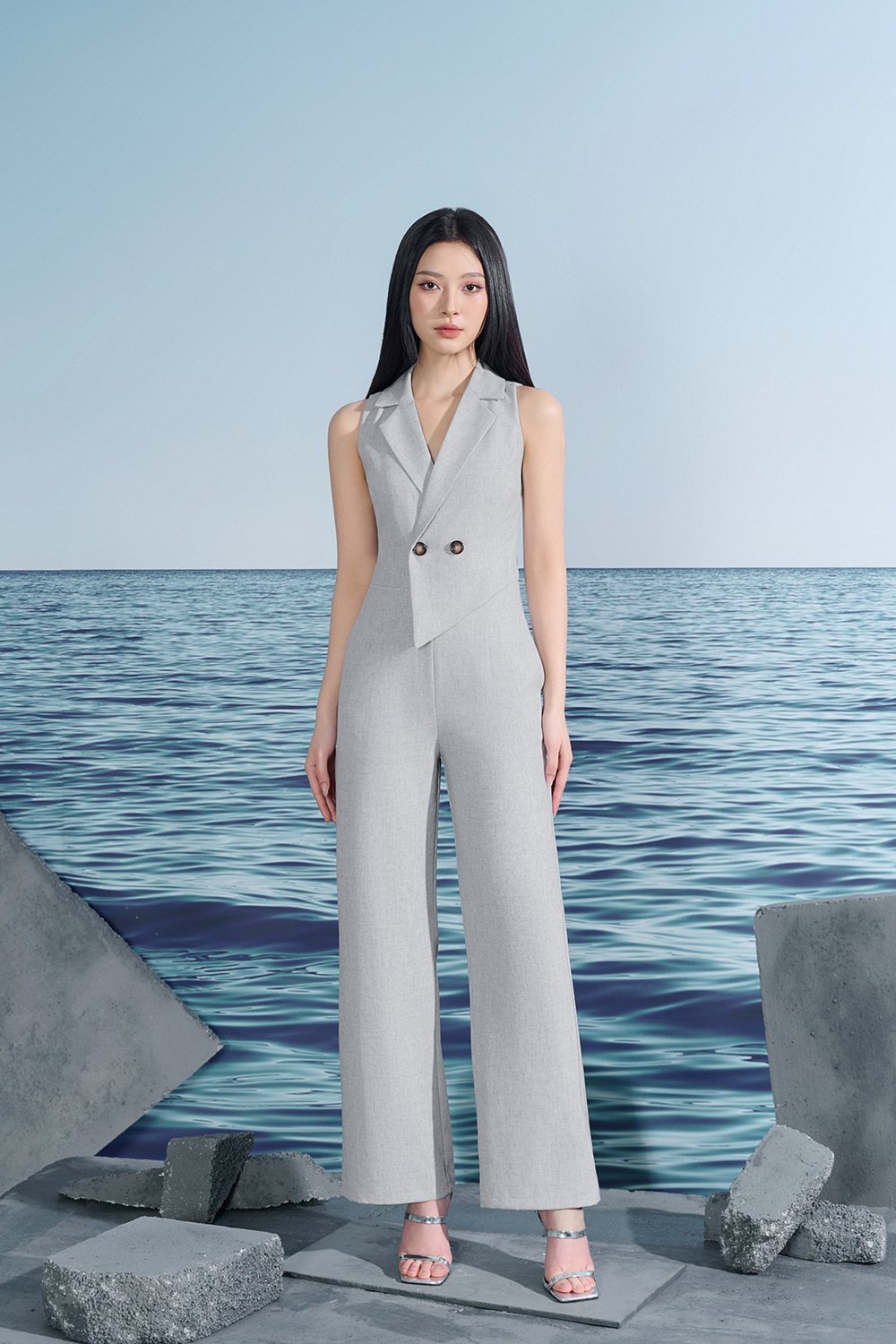 Solene Asymmetrical Tailored Jumpsuit In Light Grey/White