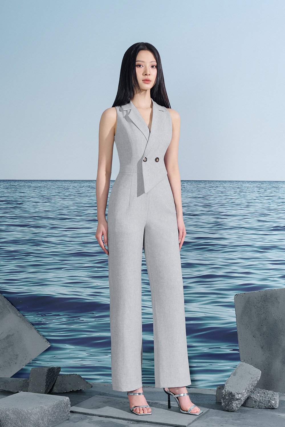 Solene Asymmetrical Tailored Jumpsuit In Light Grey/White