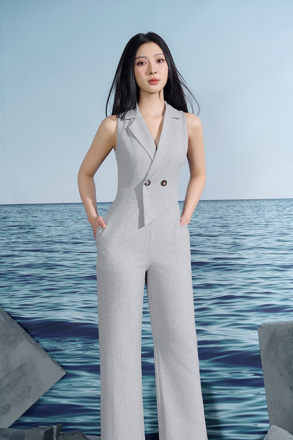 Solene Asymmetrical Tailored Jumpsuit In Light Grey/White